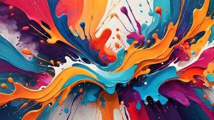 Abstract vibrant paint splash background with dynamic swirls of orange, blue, purple, and red colors.