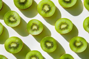 Fototapeta premium A group of sliced kiwi slices on a white surface