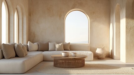 A minimalistic Mediterranean living room with soft beige stucco walls