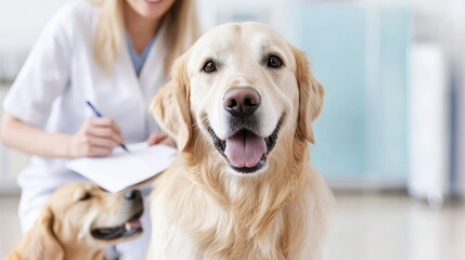 Happy Golden Retriever at vet checkup