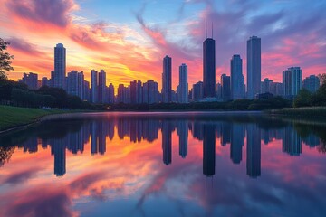 Fototapeta premium Urban skyline at sunset reflecting on tranquil lake