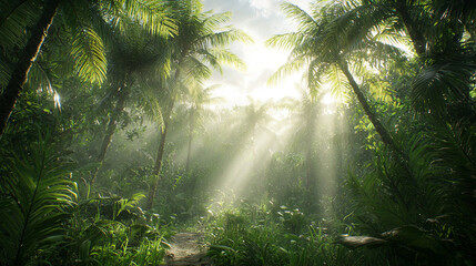 Sunbeams pierce lush tropical rainforest, illuminating path.