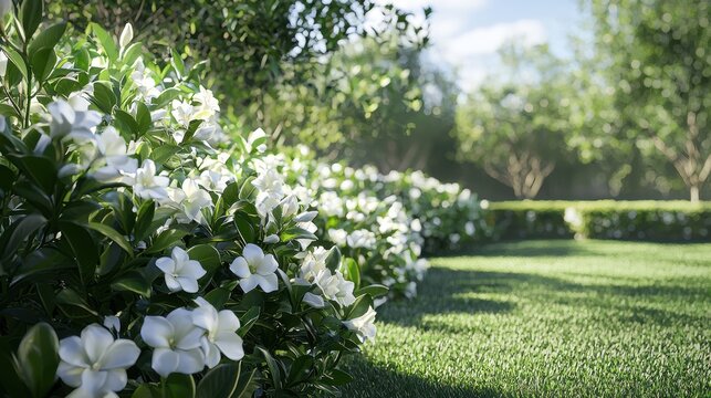 A lush green garden with white flowers and a path. Generative AI - Powered by Adobe
