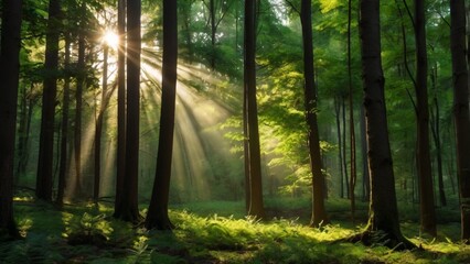 Beautiful rays of sunlight in a green forest. Sunlight streaming through trees in a lush green forest, creating magical rays in the misty air