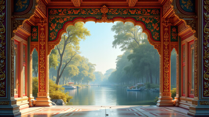 Obraz premium Serene Pavilion & Canal View - Tranquil nature scenes