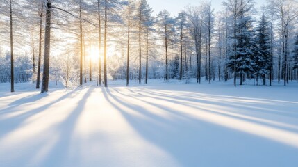 Obraz premium Winter sunrise casts long shadows across snowy forest; serene landscape ideal for calendar, screensaver, or travel brochure