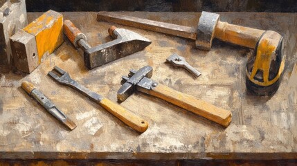Still Life of Assorted Hand Tools on a Weathered Workbench
