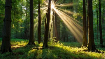 Fototapeta premium Beautiful rays of sunlight in a green forest. Sunlight streaming through trees in a lush green forest, creating magical rays in the misty air