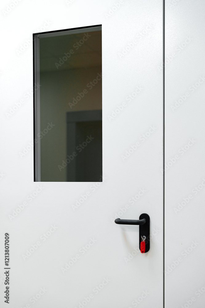 Poster simple white door with window and secure handle in a modern interior setting