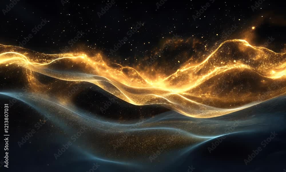 Wall mural a mesmerizing abstract depiction of glowing waves with sparkling elements against a dark backdrop.