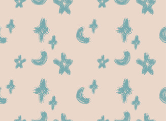 Minimal seamless pattern with hand drawn stars and moons. Gouache painting background with scribble elements