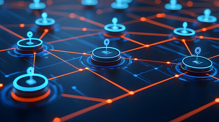 Blue and red network design on black background with abstract geometric shapes and lines