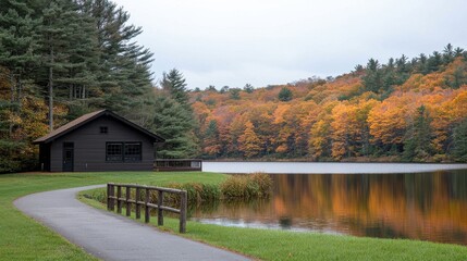 Fototapeta premium Autumn transformation vivid fall foliage scenic lake nature tranquil environment wide shot seasonal changes
