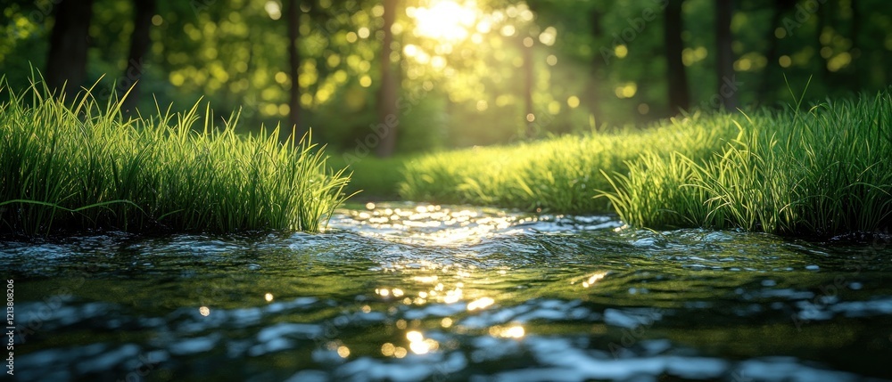 Poster forest stream with sunlight filtering through trees