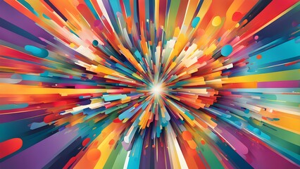 Abstract vibrant burst of multicolored rays and shapes, creating a dynamic and energetic background.