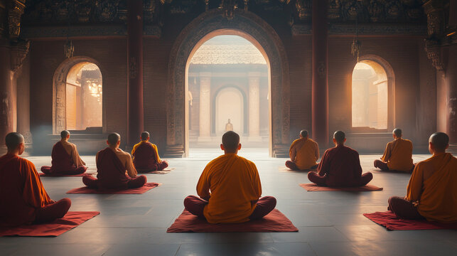 A group of monks meditating in a monastery, Parinirvana day