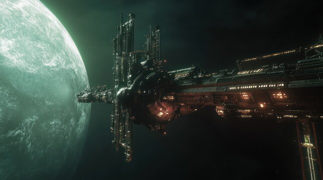 Space station orbiting alien planet, deep space exploration