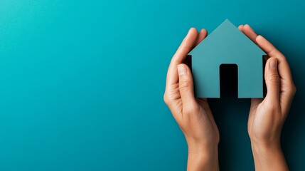 Hands holding a teal house silhouette against a solid turquoise background, symbolizing home ownership