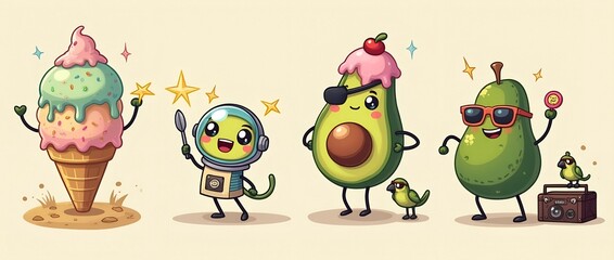 Obraz premium Cartoon Sticker Cheerful Alien Happy, Ice Cream Cone, Pirate Cat, Dancing Avocado 