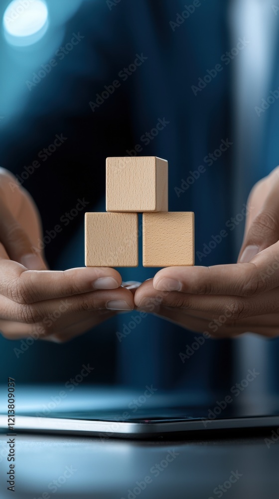 Aufkleber building success project management teamwork with wooden blocks creative workspace close-up view con