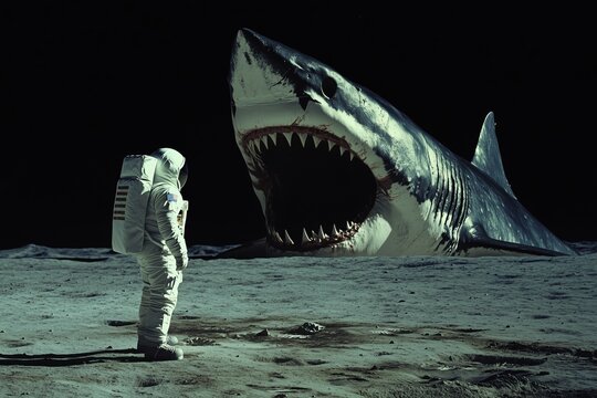 a man standing on the moon in an astronaut costume and looking at a shark