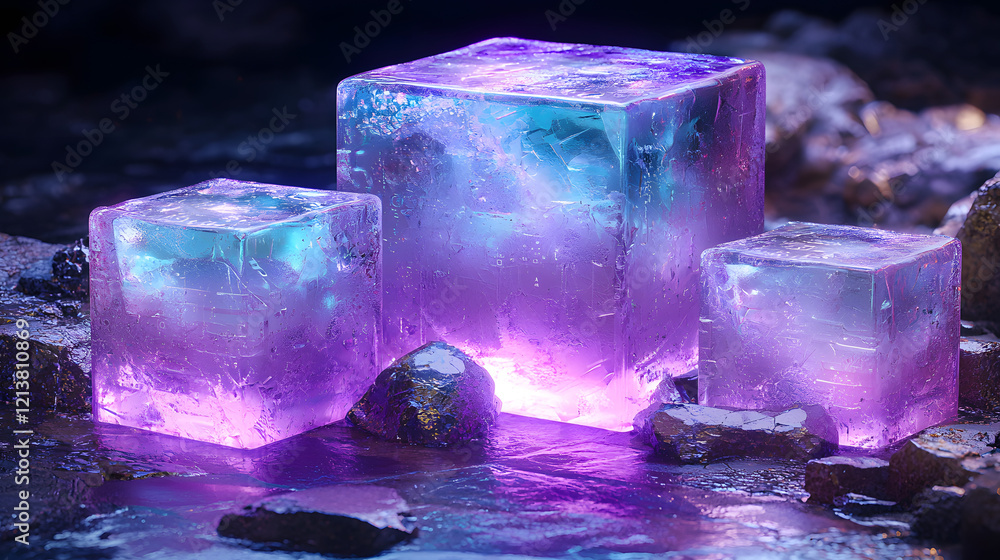Poster three purple and blue ice cubes placed on a textured rock surface for a refreshing visual compositio