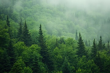 Misty mountain forest, evergreen trees, fog, landscape, nature, background, design