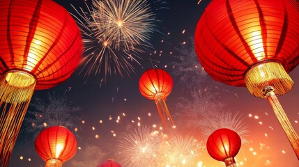 Obraz premium Group of red lanterns are lit up in the sky, with fireworks in the background