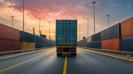 Container truck driving sunset port highway