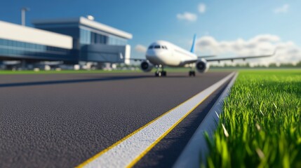 Airplane taxiing on runway near modern airport building with clear blue sky and green grass