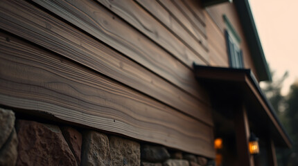 Rustic Wooden House Exterior with Stone Foundation: Architectural Details and Natural Textures