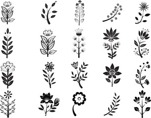 Set  drawn floral elements isolated doodle line style. Outline silhouette branches.11