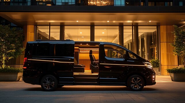 Luxury van at night, hotel entrance, city backdrop, transport service
