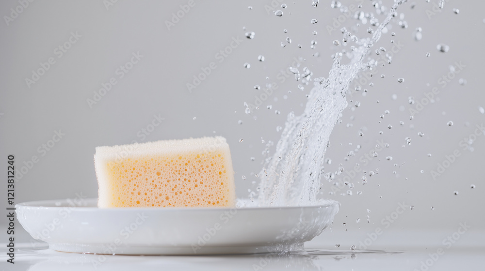Aufkleber sponge and water splash: a close-up shot of a rectangular cellulose sponge being rinsed under a stre