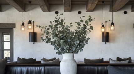 A sophisticated mountain Mediterranean design with dark walnut and leather furniture paired with crisp white limestone walls. Minimalist lighting fixtures drop from timber rafters