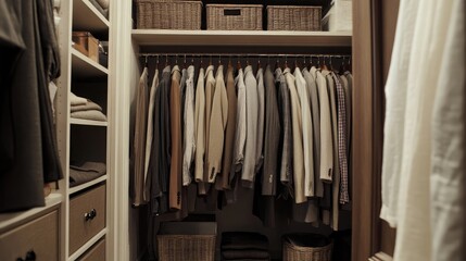 A well-organized closet with neatly hung clothes and labeled storage bins.
