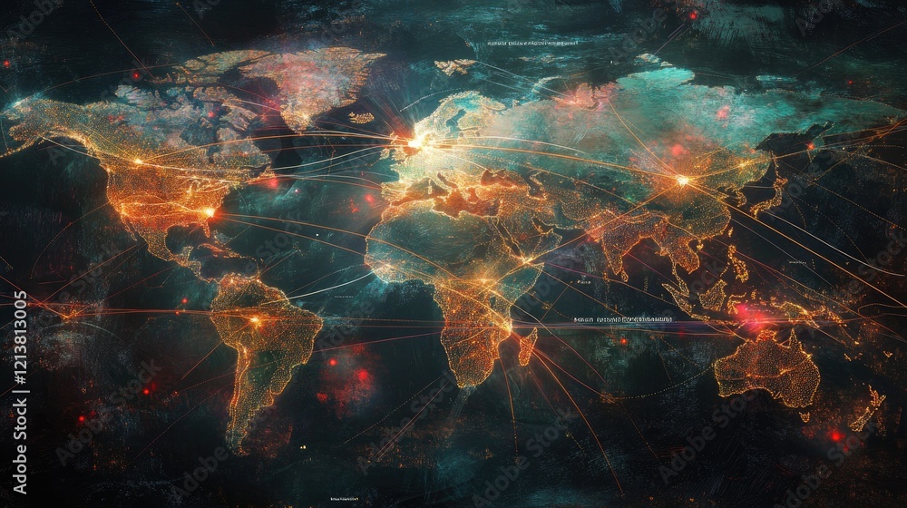 Poster global network connection concept with world map and lights