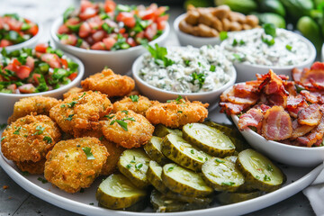 Fototapeta premium a vibrant food flat lay featuring a dill pickle martini, parmesan bacon and pickle bites
