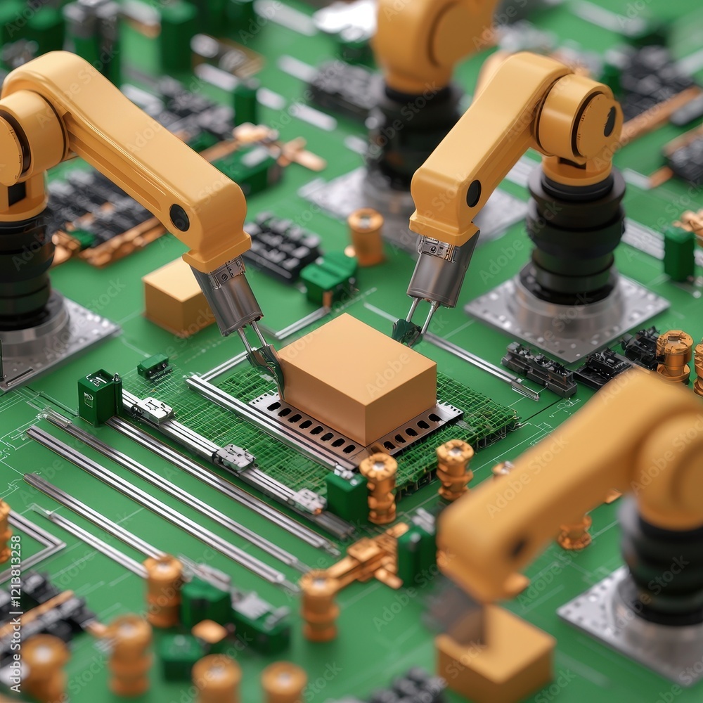 Aufkleber a close-up of robotic arms assembling components on a green circuit board, showcasing advanced techn