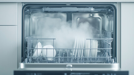 Steam Clean: Modern kitchen appliance with steam, close-up shot of a sleek dishwasher door open with steam billowing from the interior, a minimalist approach to cleanliness, fresh, shiny, spotless. 
