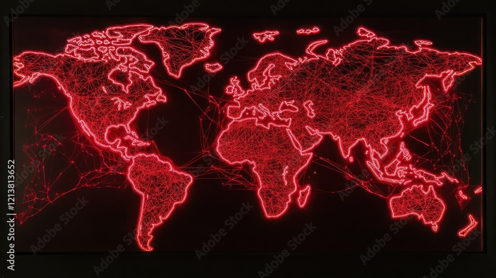 Poster red neon world map with network lines on black background