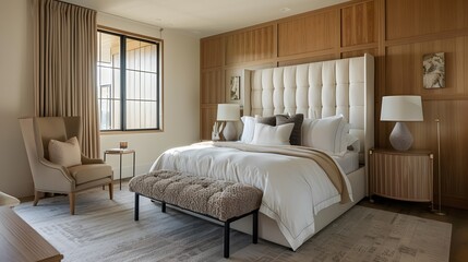 Modern Bedroom Interior Design with Wooden Wall Paneling and Plush Bedding