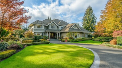 Elegant suburban house surrounded by vibrant autumn foliage and lawn