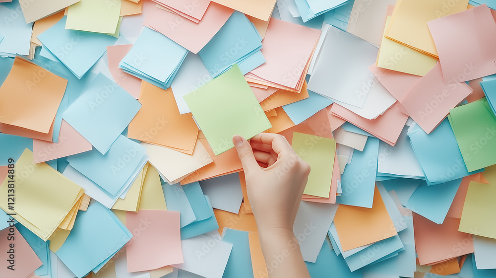Poster sticky note chaos: a hand reaches for a single bright green sticky note amidst a sea of colorful not