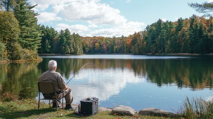 A serene lakeside scene featuring an elderly man fishing. The tranquil water reflects colorful autumn trees under a blue sky with fluffy clouds.