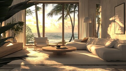 Fototapeta premium Sunset Beachfront Living Room: Tropical Getaway