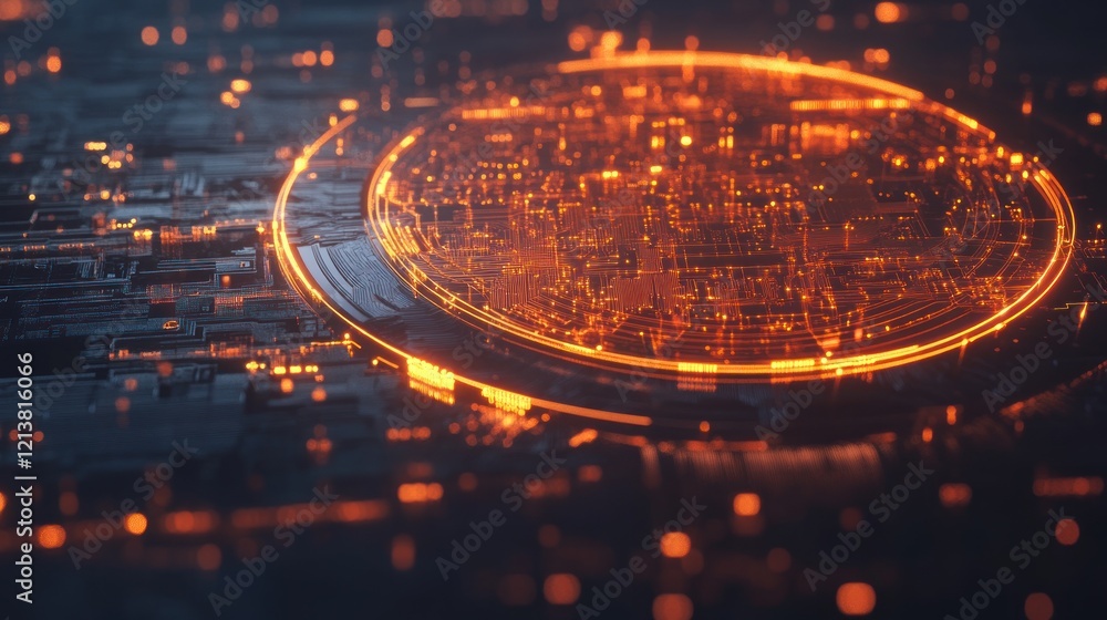 Poster glowing circuit board interface, futuristic technology, digital background, data processing