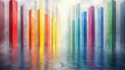 Obraz premium Vibrant Colorful Pillars Reflecting on Misty Water Surface