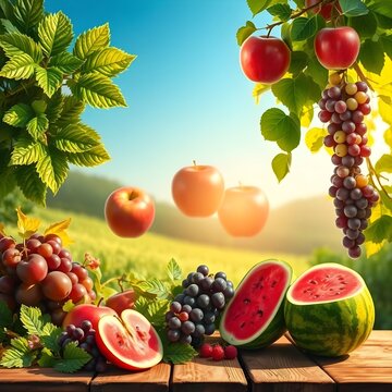Hay 6 hojas de algas en el norte, 3 manzanas rojas en el oeste, 5 uvas en el este y 3 sand&iacute;as cortadas en el sur. Una joven belleza espa&ntilde;ola lleva una minifalda corta.