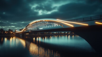 Obraz premium Illuminated bridge spanning river at dusk, city lights reflecting